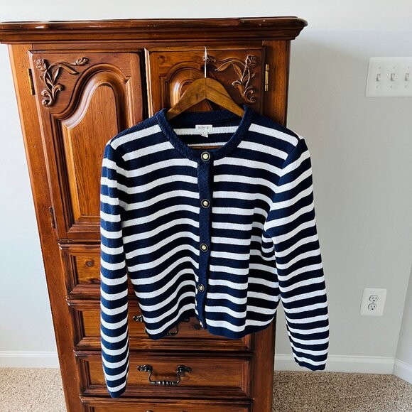 J. Crew Factory Navy & White Striped Cardigan, Size Large - Picture 1 of 4